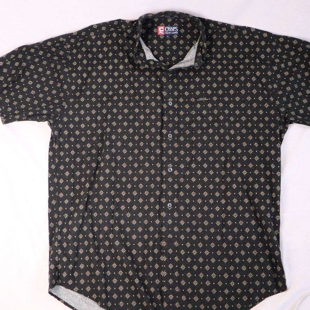Chaps Ralph Lauren Mens Large Black Geometric Medallion Cotton L Shirt 93747 - Picture 2 of 8